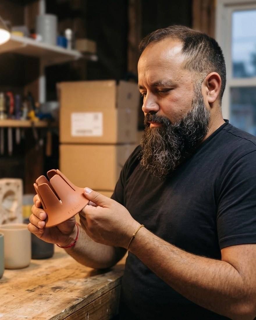 Scott Rodriguez at a workbench holding a terracotta Steadi.